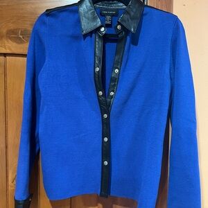 Cable & Gauge Blue Cardigan with Black Leather Trim